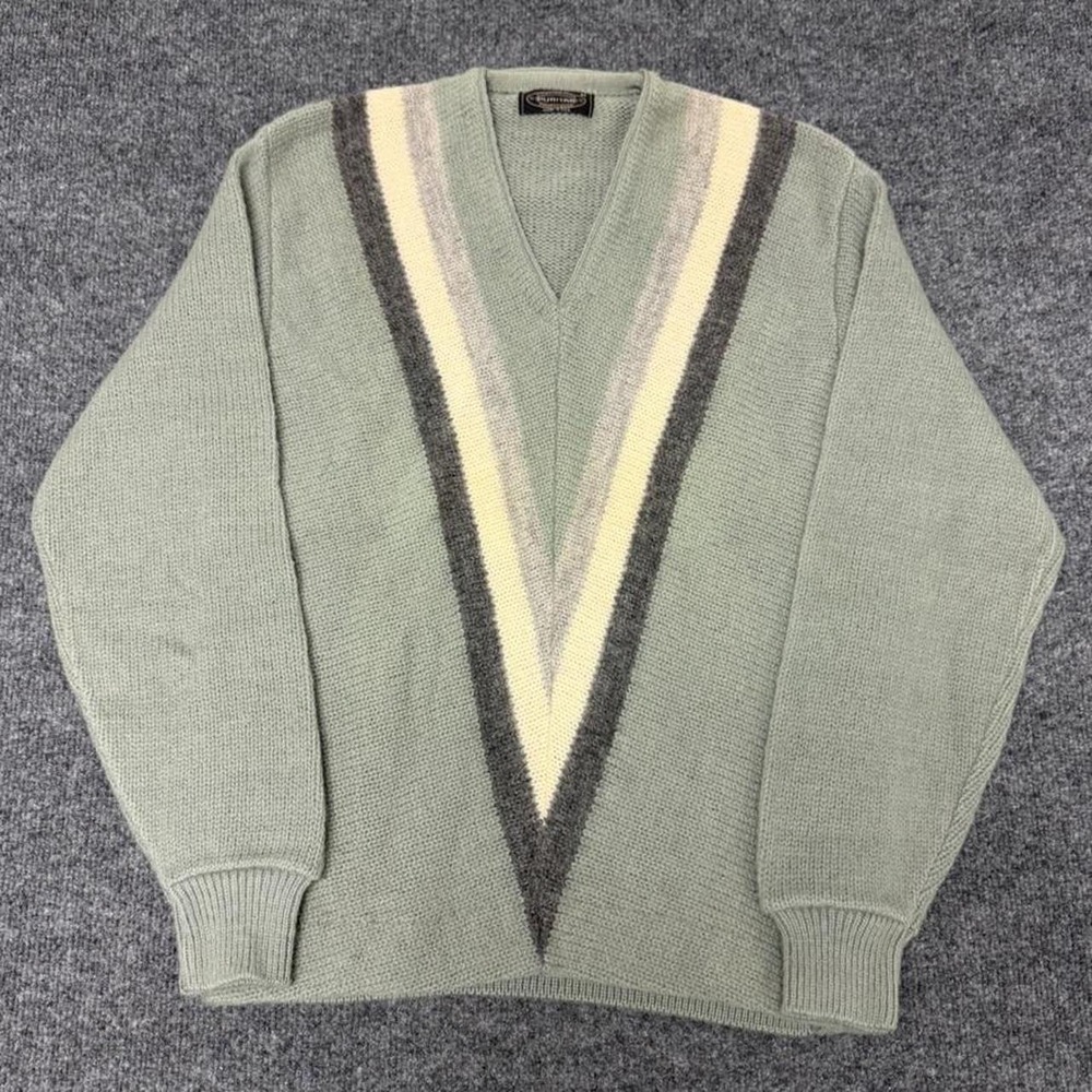 Vintage 70s Puritan Citation Club Sage Green Knit V Neck Sweater Mens Medium